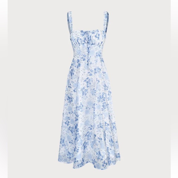 Rihoas Blue Square Neck Floral Ruched Midi Dress - Picture 6 of 11